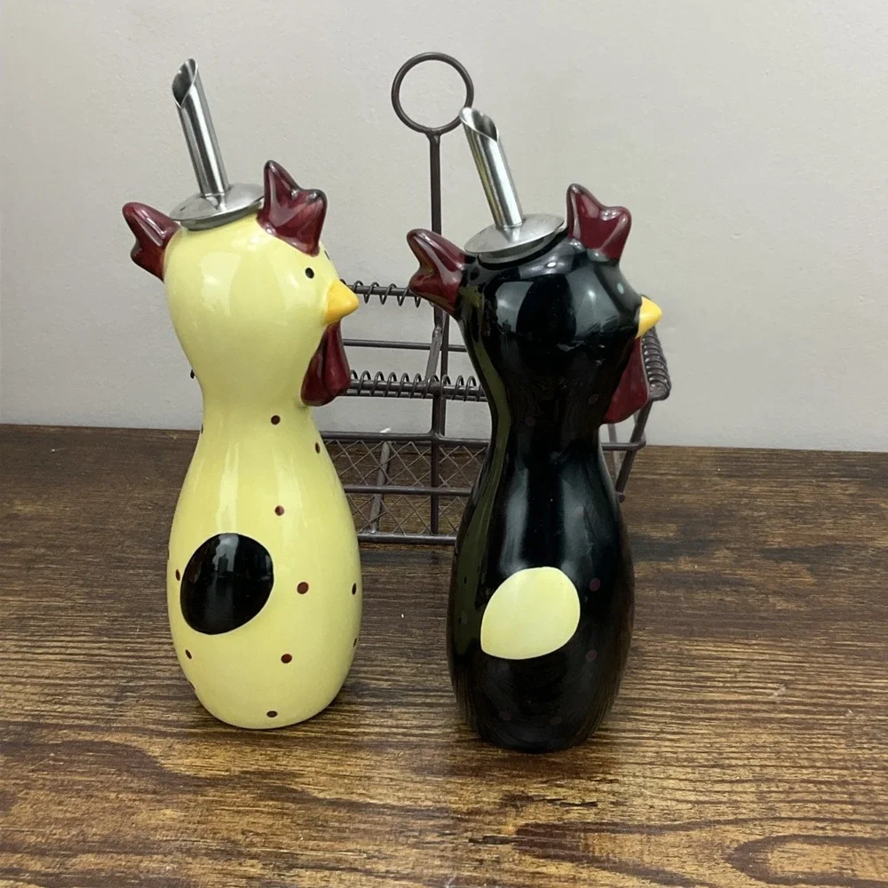 Bonne Lynn Chicken Rooster Figural Oil Vinegar Cruet Set With Basket Holder